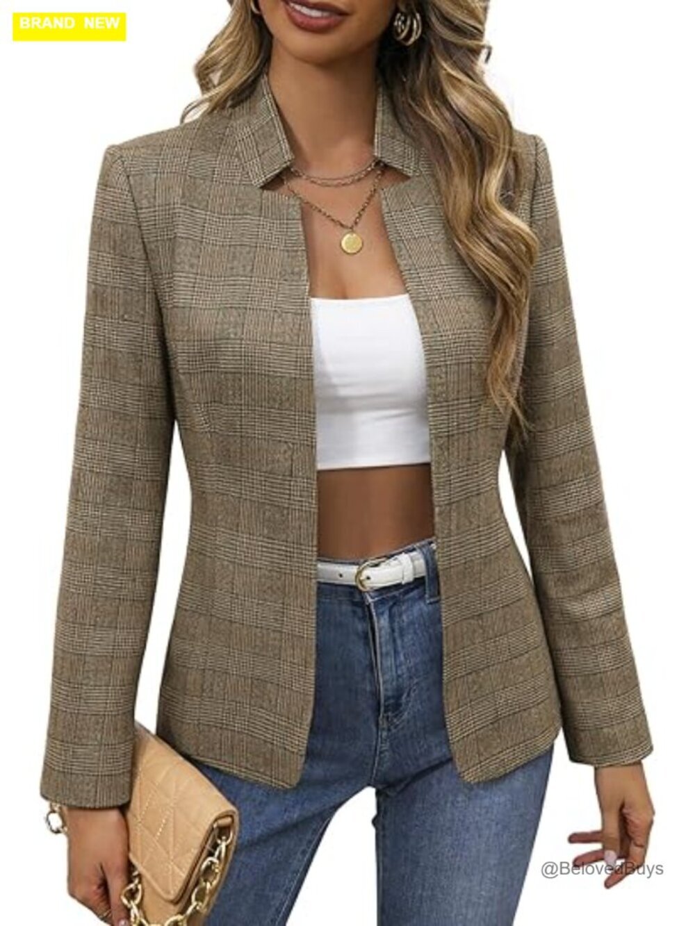Lightweight Plaid Tweed Blazer - Open Front Stand Collar Lined Casual Work